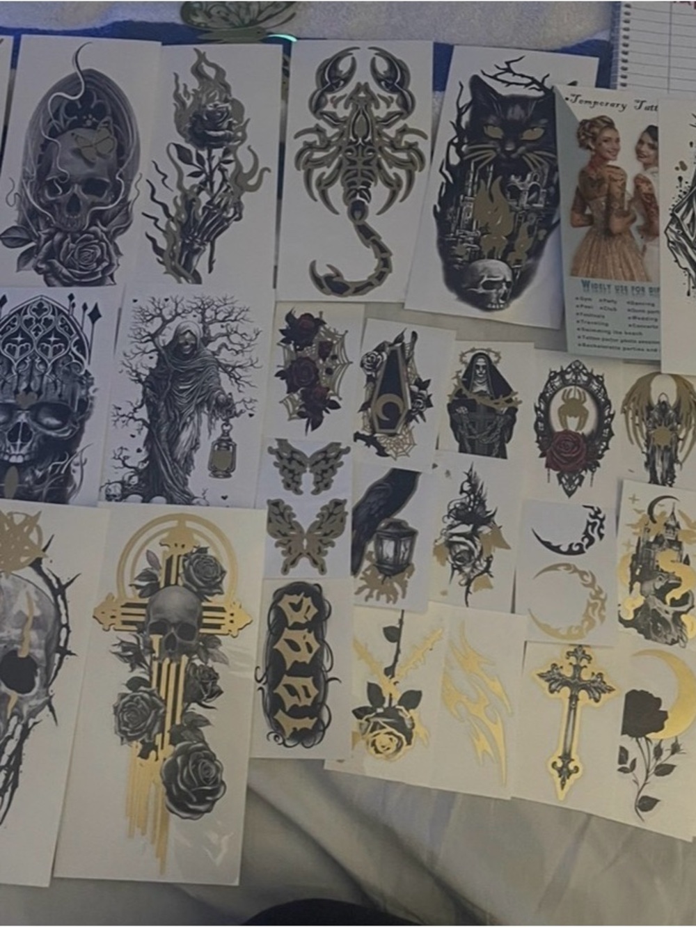 36 pc Temporary Tattoo Pack – Black & Gold , Gothic Designs